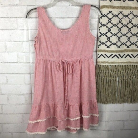 Striped Pink Cotton Sleeveless Dress With Lace Trim & Tiered Ruffle Hem By Amor - Picture 5 of 6